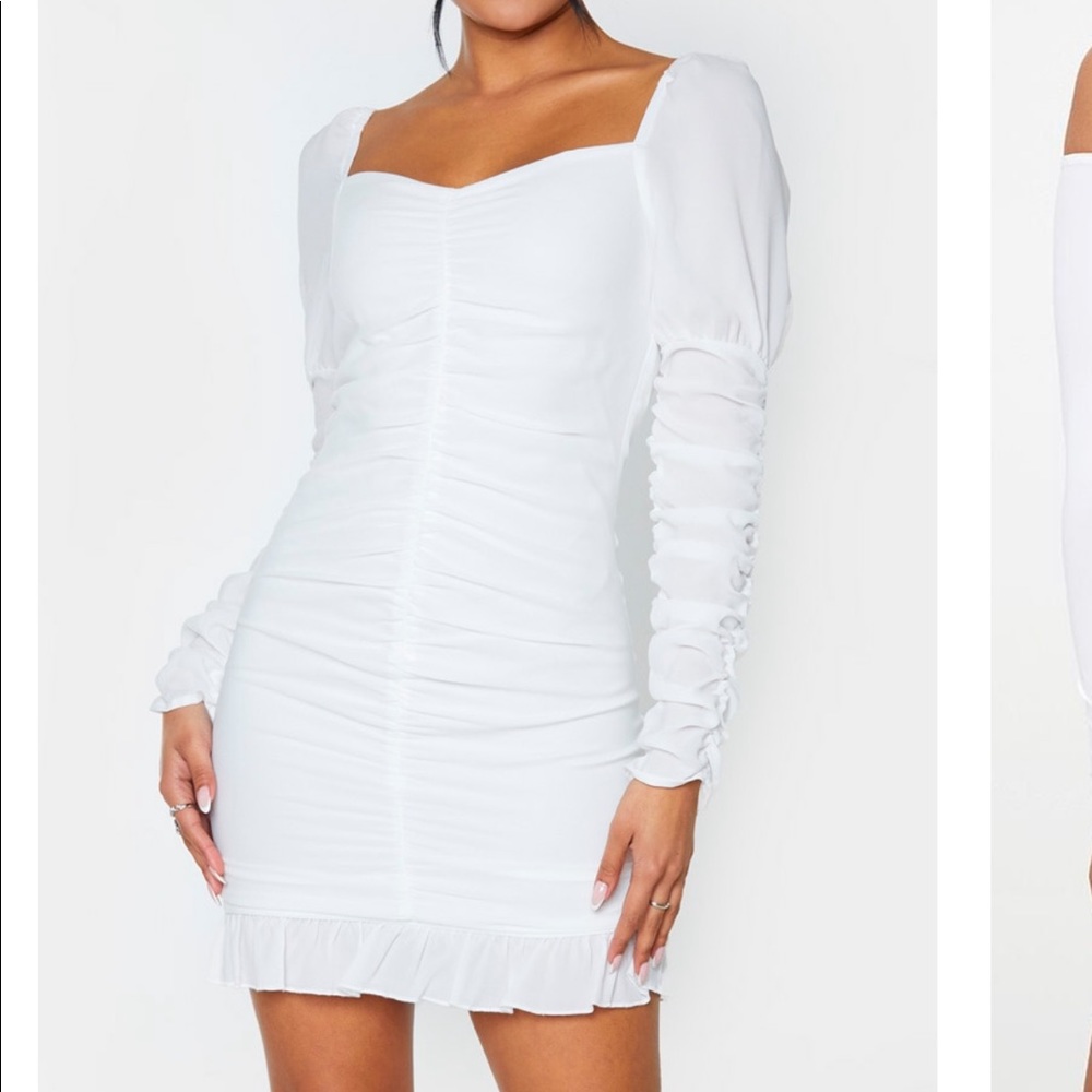 Long sleeve ruched white dress